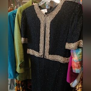 60s 70s Lawrence Kazar New York Blacl Beaded Maxi Dress Medium